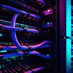 A close-up of server racks with neatly organized cables in a dimly lit data center. The scene is illuminated by purple and blue lighting, highlighting the sleek design and technological complexity of the equipment.
